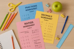 6th Grade Washington Math for Beginners: Your Guide to Success 17 Colorful Grade 6 math worksheets on fractions, decimals, and ratios with pencils and rulers — ideal for practice and review in Washington math curriculum.