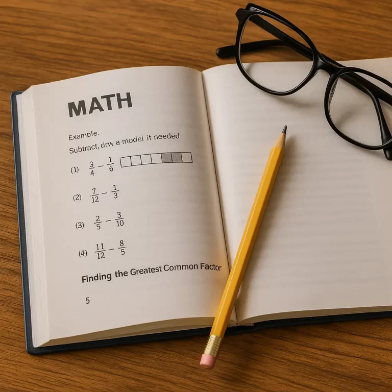 Open math textbook on a wooden desk with pencil and glasses — illustrating focused learning for Washington 6th grade math students.