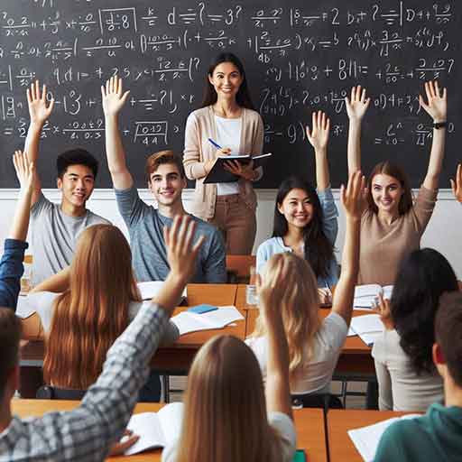 Students in a math class raising their hands in front of a chalkboard covered in equations